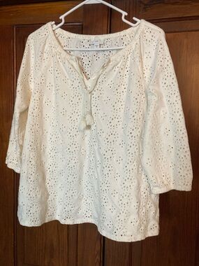J. Jill White Eyelet 100% Cottom 3/4 Sleeve Tassel Peasant Blouse Size M